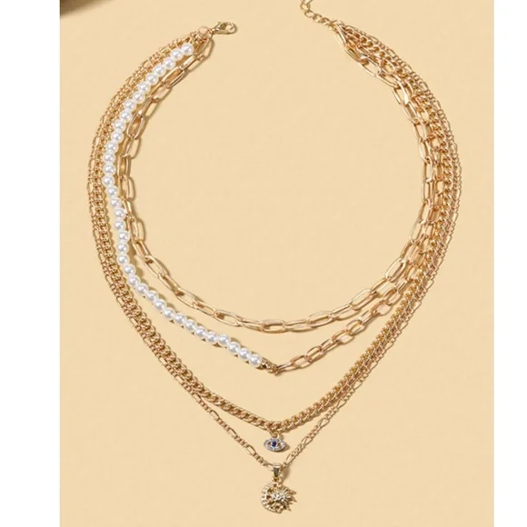 Boho Gold Tone Evil Eye Moon Multilayer Necklace - Picture 3 of 4